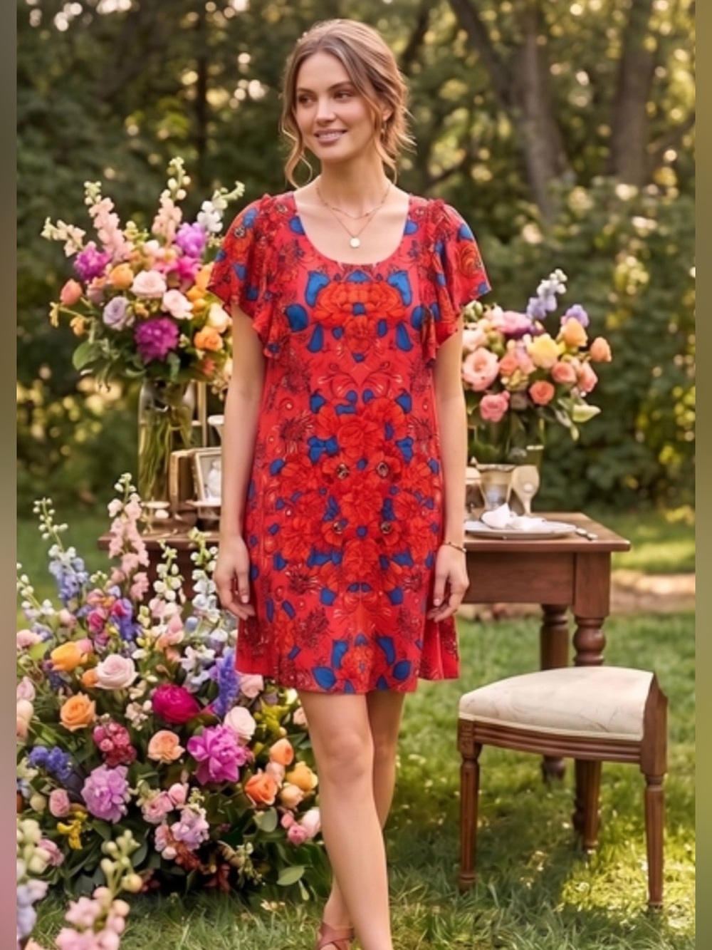 Free People Red with Flowers Short Sleeve Short Dress